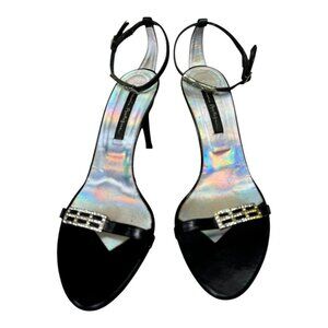 Mario Bologna Made In Italy Black Leather Rhinestone Strappy Sandals Heels SZ:7
